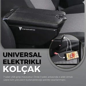Oto Kolçak Kol Dayama Çift Açılır 7 USB Girişli Tüm Araçlara Uyumlu Kolçak Siyah Siyah Çizgili