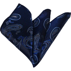 Exve Exclusive Lacivert Üzerine Mavi Şal Desen Jakar Dokuma Cep Yaka Mendili