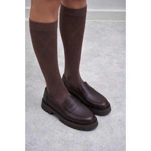 Nişantaşı Shoes Queena Kahve Hakiki Deri Kalın Taban Detay Kadın Ayakkabı