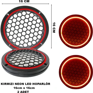 16X16 cm Neon LED Işıklı Midrange Hoparlör Kapağı Yuvarlak Çiftli (2 Adet) Kırmızı Renk