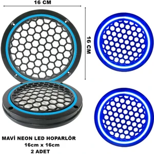 16X16 cm Neon LED Işıklı Midrange Hoparlör Kapağı Yuvarlak Çiftli (2 Adet) Mavi Renk
