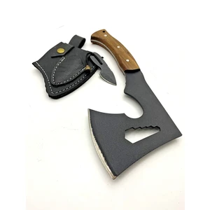 El Yapımı  Ceviz Saplı Dövme Çelikten Av ve Kamp Bıçağı, Balta Kılıflı