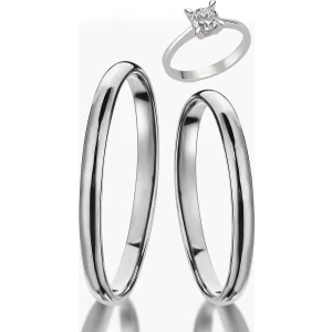 Takı Dükkanı 2 mm Bombeli Gümüş Alyans Çifti Söz Yüzükleri + Tektaş wr85