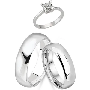 Takı Dükkanı 6 mm Bombeli Gümüş Çift Alyans Söz Nişan Yüzüğü + Tektaş al30
