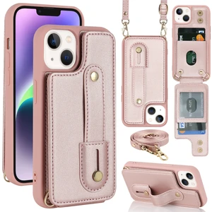 Forestl Digital Apple iPhone15 Plus Kart Yuvaları Için Kickstand Kutusu Pu Deri Kaplamalı Tpu Telefon Kapağı Omuz Askılı-Rose Altın (Yurt Dışından)