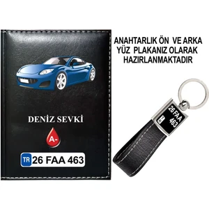 Promosyon Denizi Kişiye Özel Mavi Araba Görselli Siyah Ruhsat Kabı ve Anahtarlık