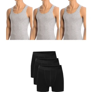 Belifanti Collection Erkek Pamuklu 3'lü Gri Atlet ve 3'lü Siyah Boxer 6 Parça Set
