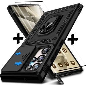 M.TK Moveteck Samsung Galaxy S24 Ultra Kılıf Kamera Korumalı Sürgülü Yüzüklü Armor Military Zırh Tank Yüzüklü Standlı Kılıf ve Ekran Koruyucu Set