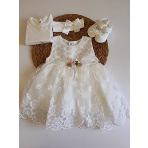 Pileki Baby Kız Bebek (4 Parça) 0 3 Ay Gelinlik Elbise  Mevlüt Set- Dantel Gelinlik Mevlütlük