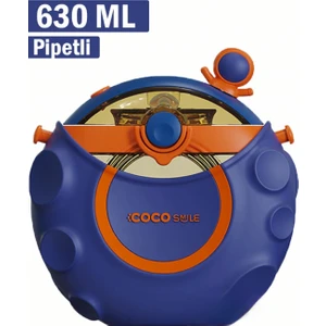 Cocosmile 630ML Silikon Uzay Tema Kılıflı Pipetli Askılı Tritan Çocuk Matarası Lacivert CS-0006
