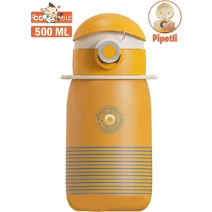 Cocosmile 500ML Yeni Koleksiyon Çizgi Desenli Pipetli Askılı Çelik Termos Çocuk Matarası Sarı SM-CS-0003