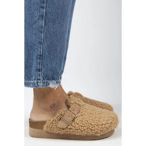 Juno Kadın Tekstil Kürklü  Deri Kemerli Tokalı Karamel Terlik