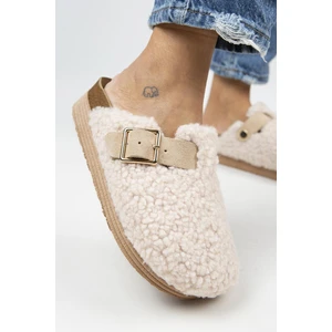 Juno Kadın Tekstil Kürklü  Deri Kemerli Tokalı Bej Terlik