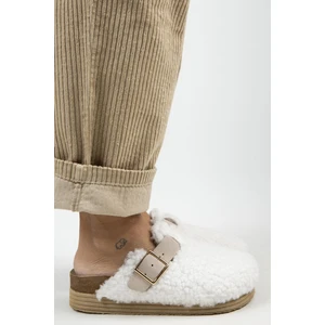 Juno Kadın Tekstil Kürklü  Deri Kemerli Tokalı Beyaz-Kum Terlik