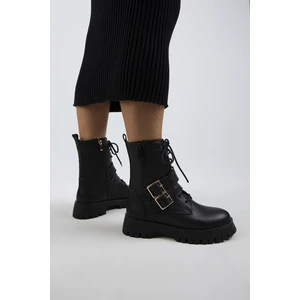 Hannah Kadın Hakiki Deri Bağcıklı Fermuarlı Tokalı Siyah Bot