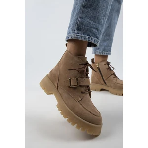 Samantha Kadın Hakiki Deri Bağcıklı Fermuarlı Tokalı Kum Süet Bot