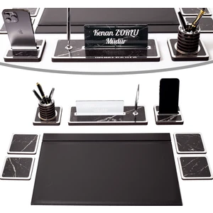 İsimlik Sepeti Star Mermer Desen Ahşap Sümen Takımı 8 Parça Gümüş Renkli Şık Masa İsimliği Seti