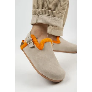 Holly Kürklü Kadın  Deri Kürklü  Deri Kemerli Tokalı Bej- Turuncu Sandalet