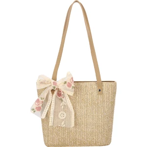 Yaz Eğlence Saman Dokuma Büyük Kapasiteli Koltukaltı Omuz Çantası Moda Çiçek Kurdele Bayan Alışveriş Çantası (Haki) (Yurt Dışından)