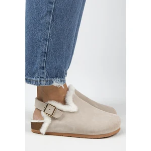 Holly Kürklü Kadın  Deri Kürklü  Deri Kemerli Tokalı Açık Bej Sandalet