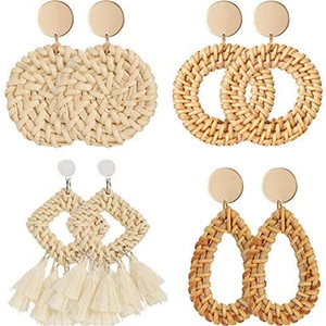 4 Pairs Rattan Küpe Hafif Geometrik Püskül Dokuma Bohemian Saman Hasır Örgü Hoop Bırak Dangle Kadınlar Kızlar Için (Yurt Dışından)