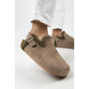 Holly Kürklü Kadın  Deri Kürklü  Deri Kemerli Tokalı Vizon-Haki Sandalet