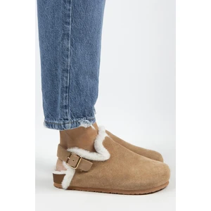 Holly Kürklü Kadın  Deri Kürklü  Deri Kemerli Tokalı Kum Sandalet