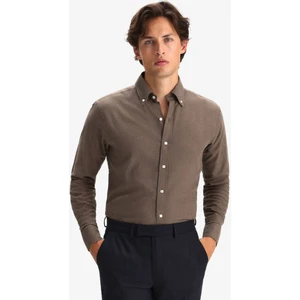 Erkek Kahverengi Kışlık Melanj Oduncu Casual Düğmeli Yaka Cepsiz Modern Fit Gömlek