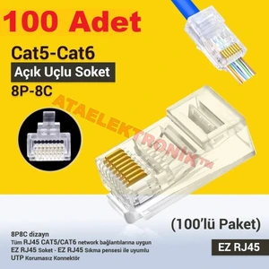 Ata Elektronik 100 Adet Ez RJ45 Cat5 Cat6 Yeni Nesil Delikli Jack Konnektör Yeni Nesil Jak Cat5 / Cat6 RJ45 Konnektör 100 Lü Paket Cat6 Ez Plug Açık Uçlu Soket 8P8C 100ADET  100'LÜ 100LÜK Paket