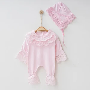 Buse & Eylül Bebe Pembe Güpürlü Şapkalı Kız Bebek Tulum Takım