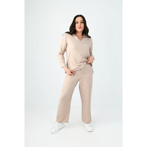 Kadın Büyük Beden Keten Kumaş Polo Yaka Ikili Takım 8071-24