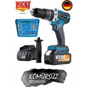 Kömürsüz 120 Nm 13MM Çift Akülü Vidalama Matkap 2000 Rpm V598 5AH Darbe Fonksiyonlu + 24 Parça Uç Seti