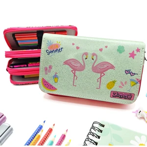 Simli Işıltılı Kuğu Flamingo Kalem Kutusu Vegan Deri Kalemkutu Üç Bölmeli Kalemlik Pembe