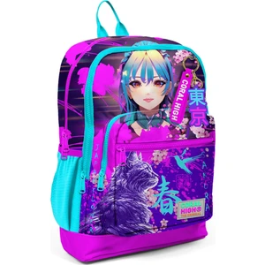Coral High Kids Mor Pembe Anime Kedi Desenli Ortopedik Su Geçirmez Okul Sırt Çantası 14,4 Litre Kız Çocuk