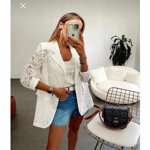 Cng Moda Kadın Güpürlü Ekru Blazer Yazlık Ceket