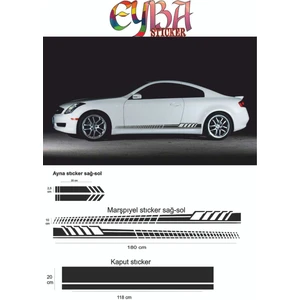 Marşpiyel,kaput,yan Ayna Oto Sticker - Araba Sticker - 5 Parça- 180X10 CM,118X20CM,20X2,5CM Sport2