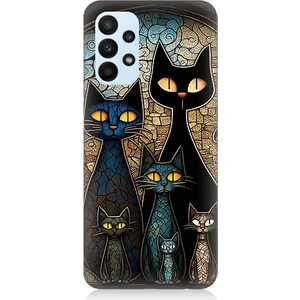 Samsung Galaxy A73 Uyumlu Vitray Kedi Ailesi Desenli Silikon Kılıf