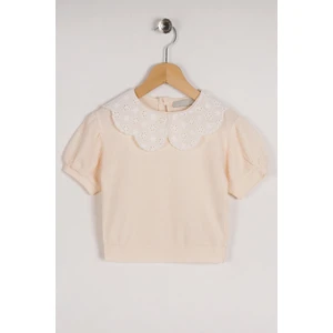 Bebe Yaka Dantelli Mini Kareli Ekru Renk Kız Çocuk Tshirt