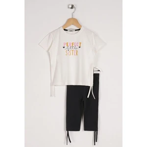 Kız Çocuk Ekru Renkli Perfect Sister Baskılı Taytlı Takım