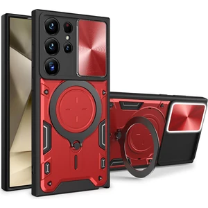 Samsung Galaxy S24 Ultra Için Çift Katmanlı Telefon Kılıfı, Slayt Kamera Kapağı ve Metal Gizli Braket ile Kırmızı (Yurt Dışından)