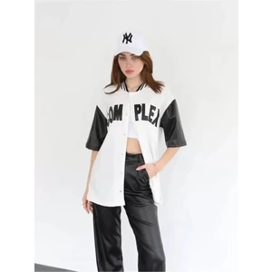 Laraa Giyim Complex Kolları Deri Kolej Oversize T-Shirt - Beyaz