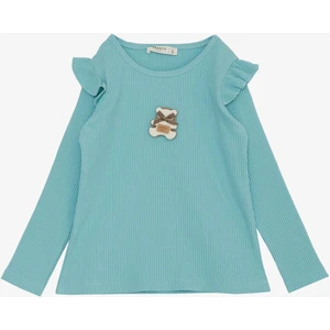 Kız Çocuk Uzun Kollu Tişört Mutlu Ayıcık Aksesuarlı Omzu Fırfırlı 2-6 Yaş, Su Yeşili