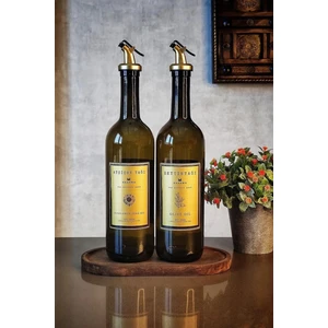 Ahşap Stantlı Amber Gold 2'li 750 ml Zeytinyağı Sıvıyağ Şişesi