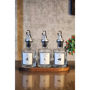 Ahşap Stantlı Şeffaf 3'lü 250 ml Zeytinyağı Sirke Nar Ekşisi Yağdanlık Yağlık Beyaz