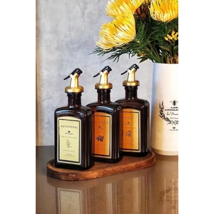 Ahşap Stantlı Amber Gold Zeytinyağı Nar Ekşisi Sirke Şişesi Yağdanlık 3lü Set 300ML Goldcb3