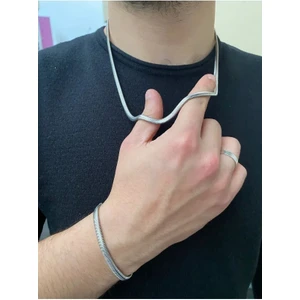 Erkek Hasır Model Kolye Bileklik Set Gümüş Gri Renk Çelik