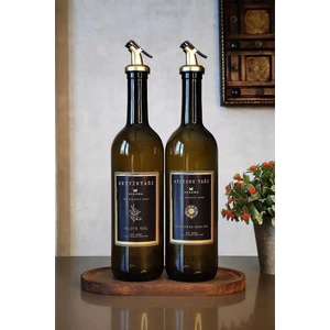 Ahşap Stantlı Amber Siyah Gold 2'li 750 ml Zeytinyağı Sıvıyağ Şişesi