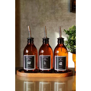 Oval Ahşap Stantlı Premium Amber Zeytinyağı Nar Ekşisi Sirke Şişesi Yağdanlık 3lü Set 300ML SM3U-ST SM3U-ST