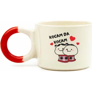 Palto Tasarım Kocam Da Kocam Krem Parlak Düğüm Kulp Fincan (Kırmızı Kulp) - Hediye Seramik Fincan