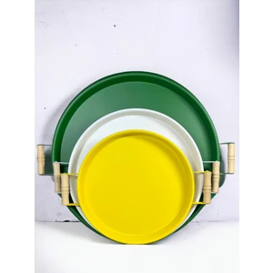 Kitchen Trend 3 Lü 45,37,30 cm Ahşap Kulplu Metal Tepsi Sunum Tepsi Seti
